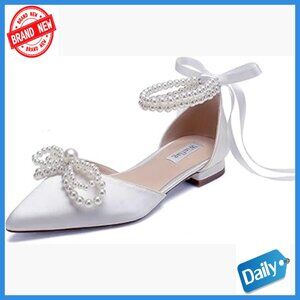 Pearl Embellished Bridal Flats Pointed Toe Satin Wedding Shoes Size 8